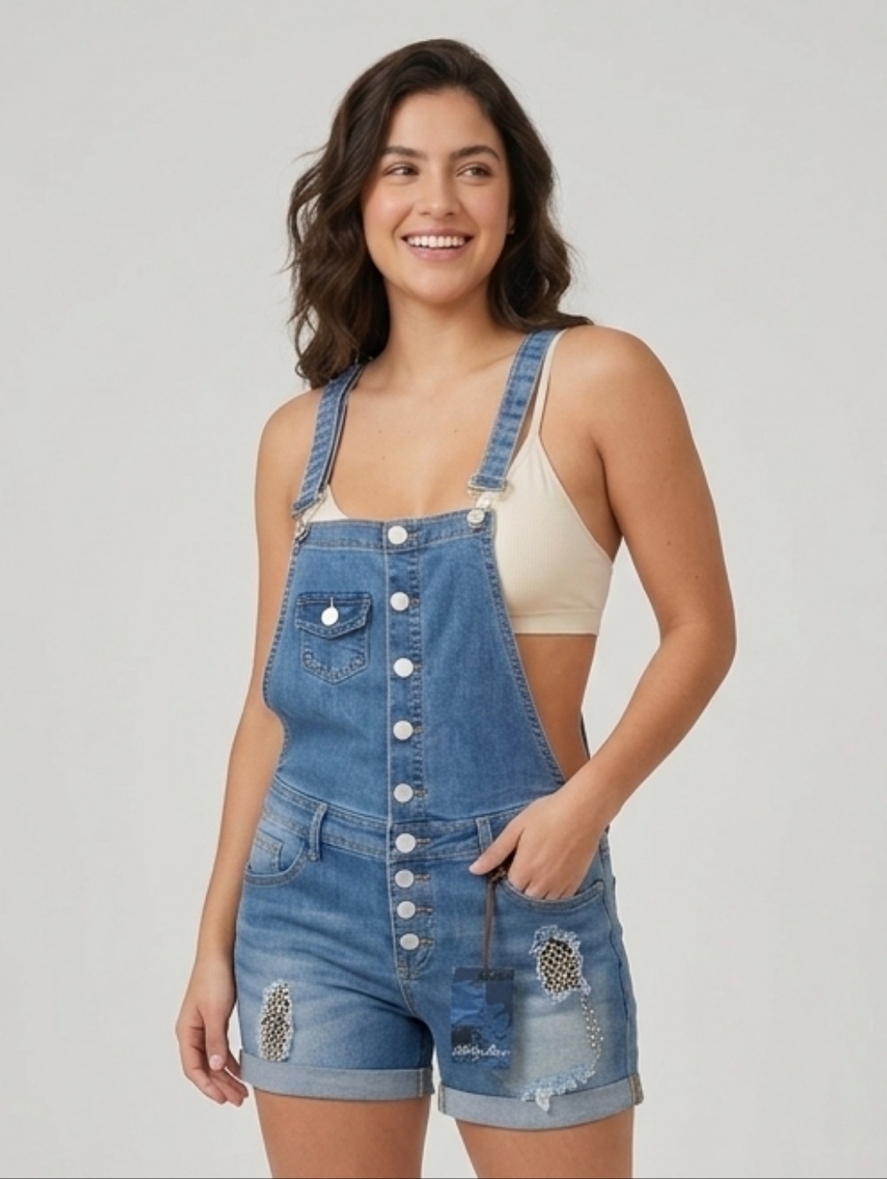 Funky Soul Distressed Studded Denim Short Overalls NWT